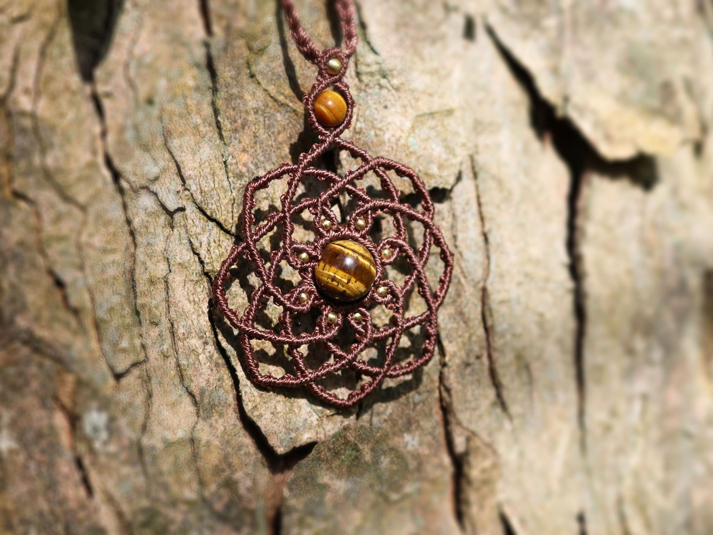 Flower of Life Macramé Pendant with Tiger's Eye