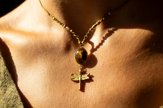 Handmade Tiger’s Eye & Dragonfly Necklace