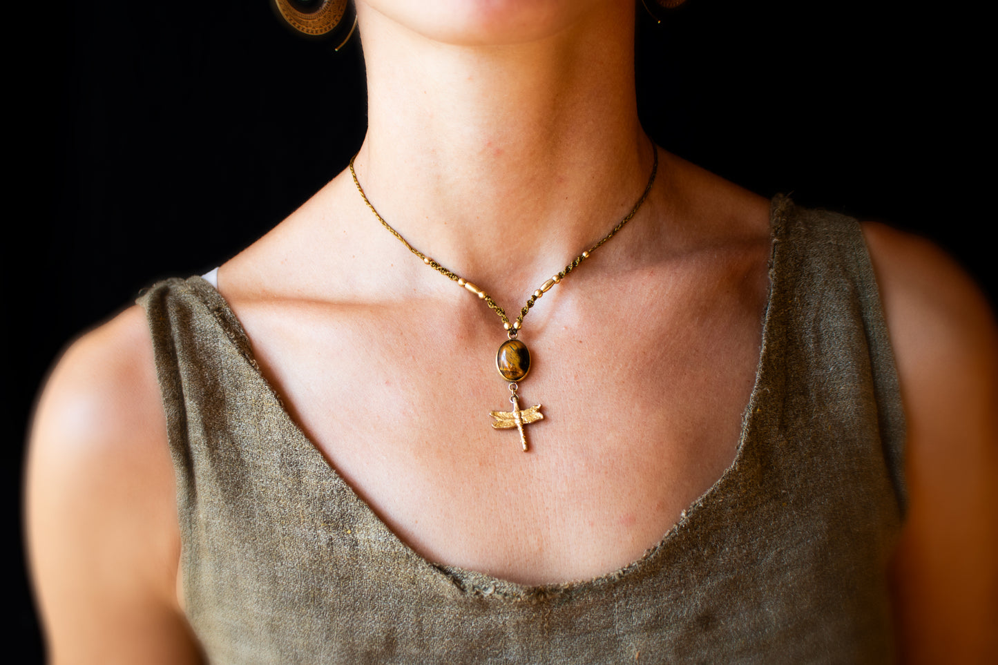Handmade Tiger’s Eye & Dragonfly Necklace