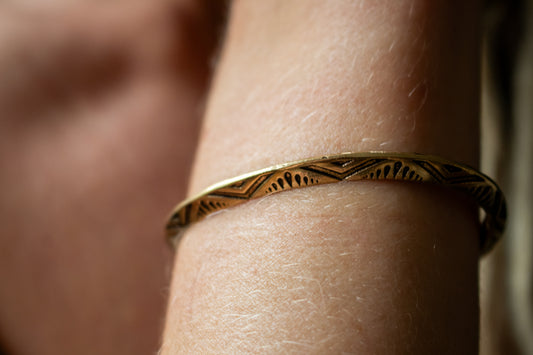 Slim Tribal Etched Brass Bangle