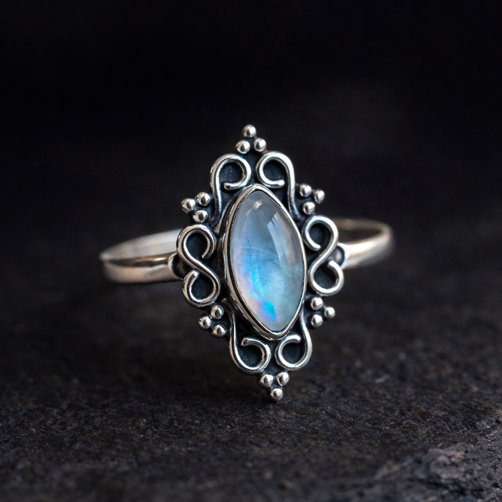 Ethereal Moonstone Filigree Ring in Sterling Silver