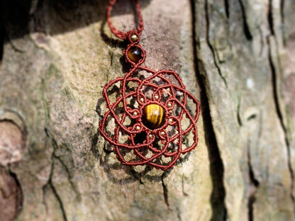 Flower of Life Macramé Pendant with Tiger's Eye