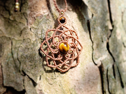 Flower of Life Macramé Pendant with Tiger's Eye