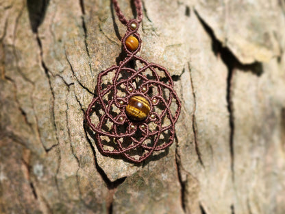 Flower of Life Macramé Pendant with Tiger's Eye