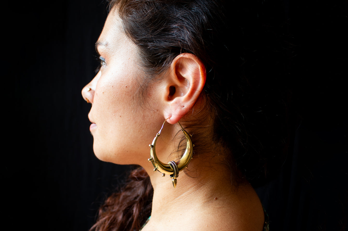 Tribal Crescent Hoop Earrings with Stud Details - Medium