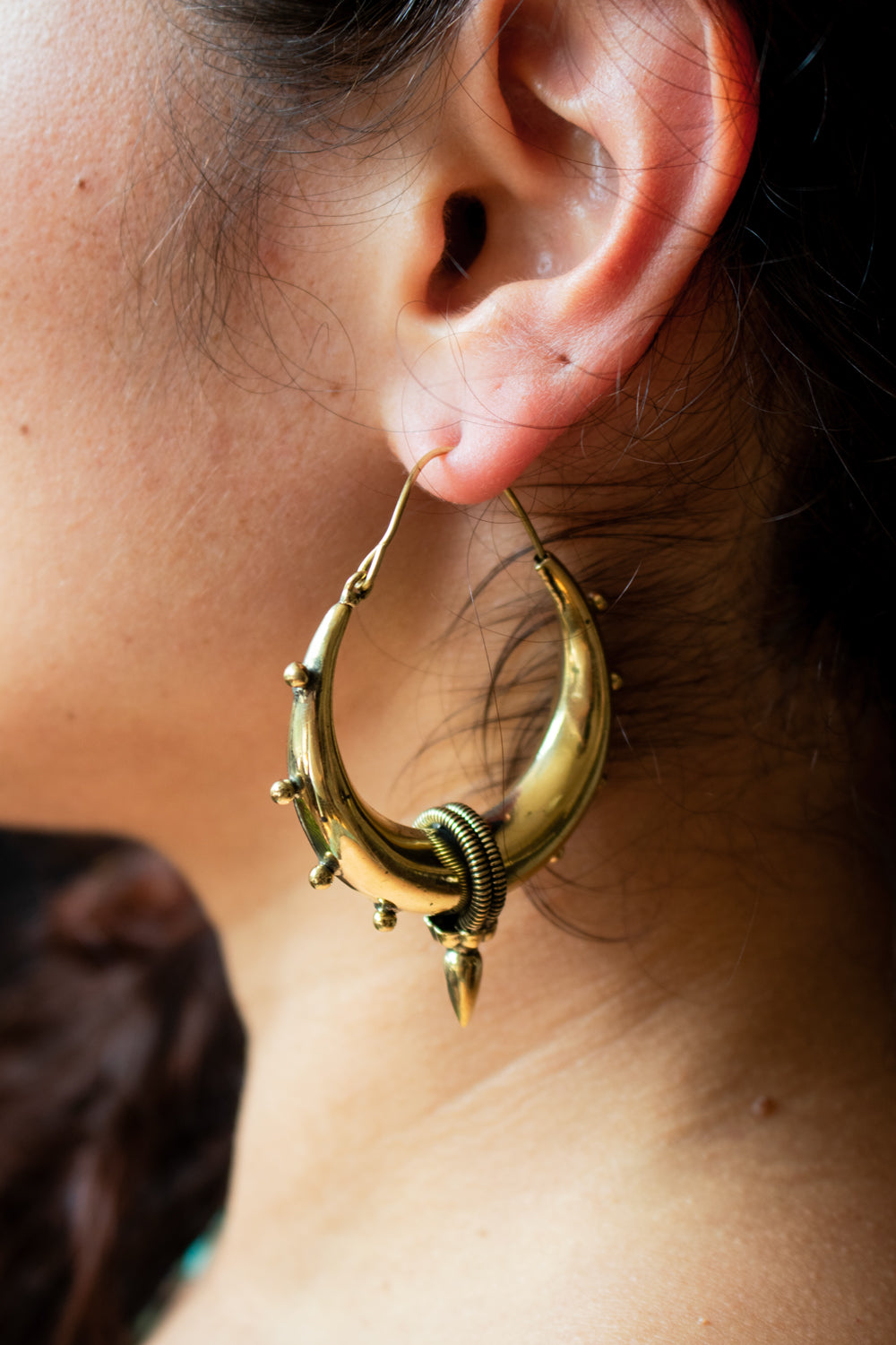Tribal Crescent Hoop Earrings with Stud Details - Medium