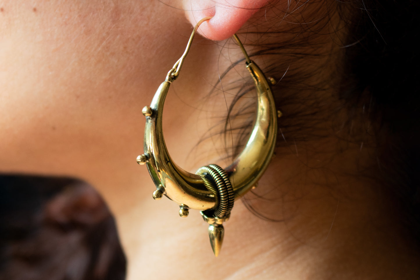 Tribal Crescent Hoop Earrings with Stud Details - Medium