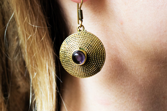 Tribal Disk Gemstone Earrings – Multiple Gemstone Variants Available - Amethyst