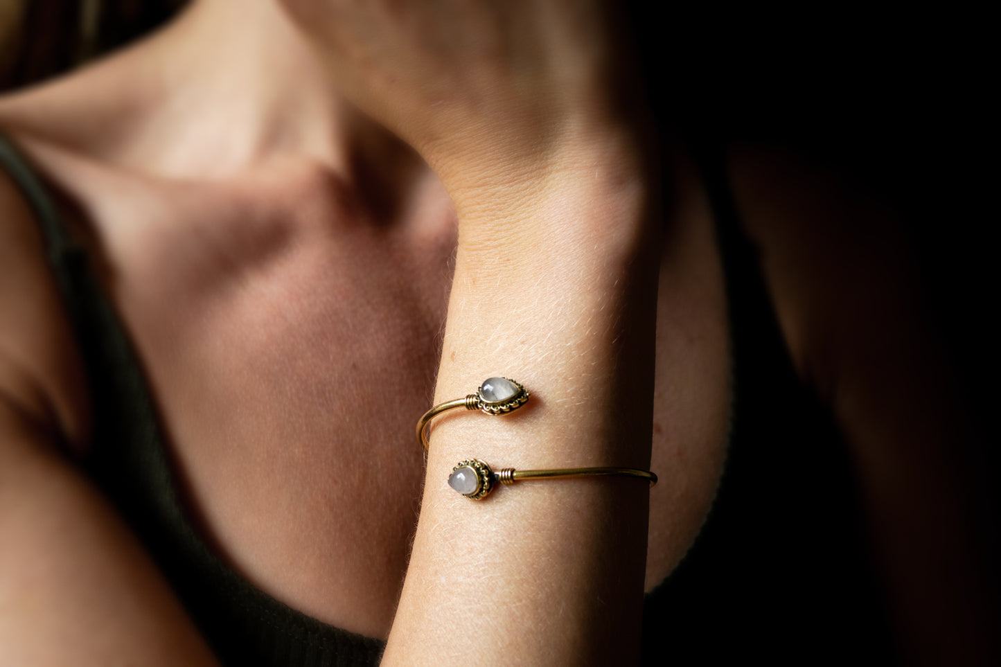 Teardrop Stone Brass Cuff Bracelet - Available in various gemstones