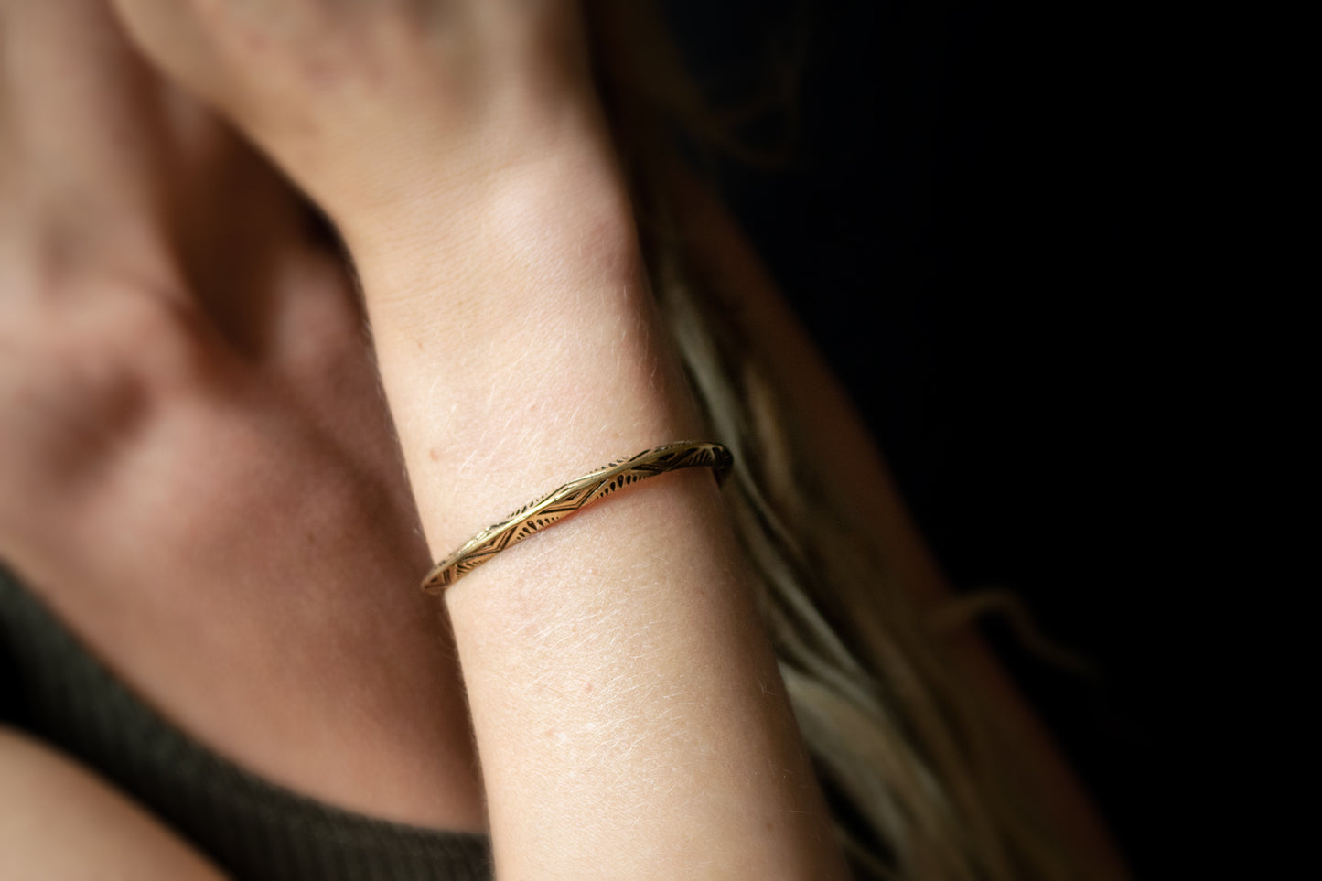 Slim Tribal Etched Brass Bangle