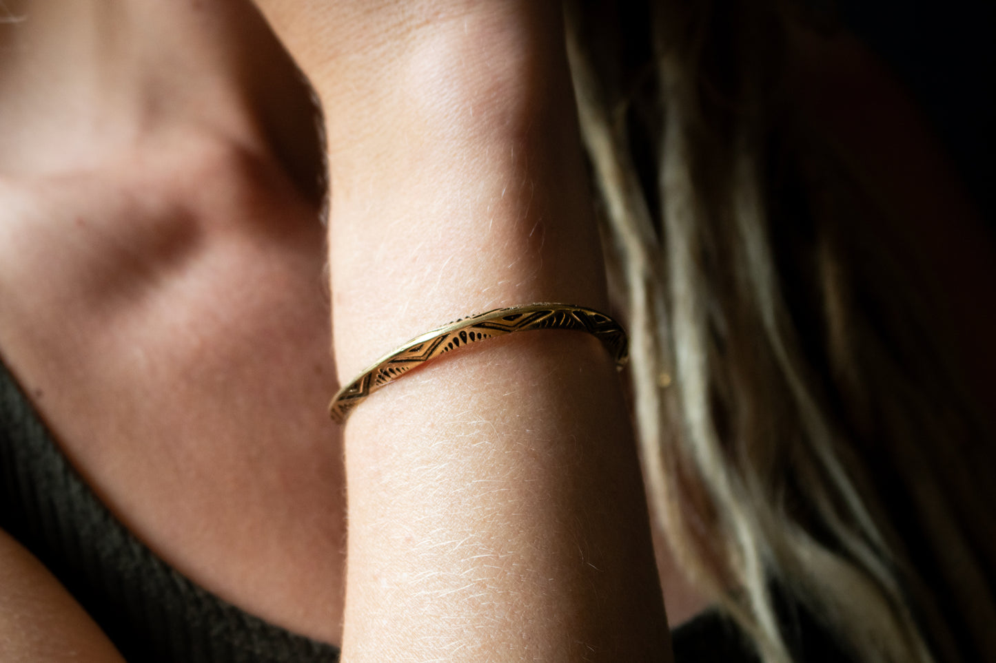 Slim Tribal Etched Brass Bangle