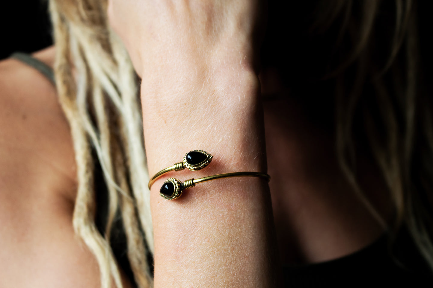 Teardrop Stone Brass Cuff Bracelet - Available in various gemstones