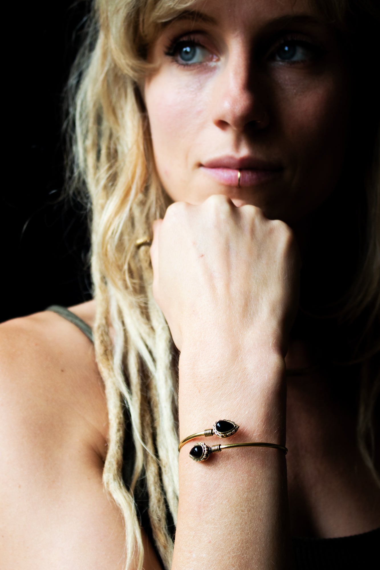 Teardrop Stone Brass Cuff Bracelet - Available in various gemstones