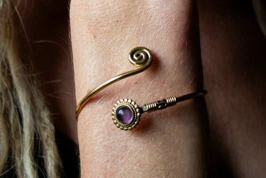 Spiral Gold Wire Bracelet with Gemstone Accent - Amethyst