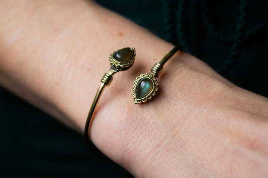Teardrop Stone Brass Cuff Bracelet - Available in various gemstones - Labradorite