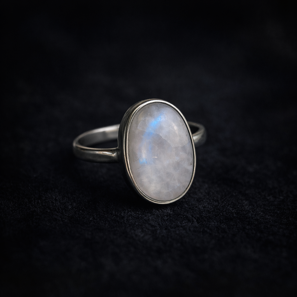 Natural moonstone ring in 925 sterling silver photographed on a dark, mystical background